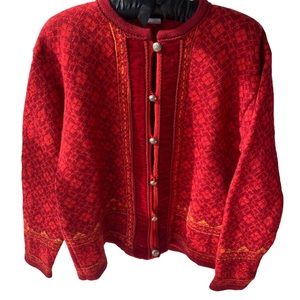 Nordic Cardigan Red Fair Isle Velvet Trim Silvertone Buttons Size PL EUC